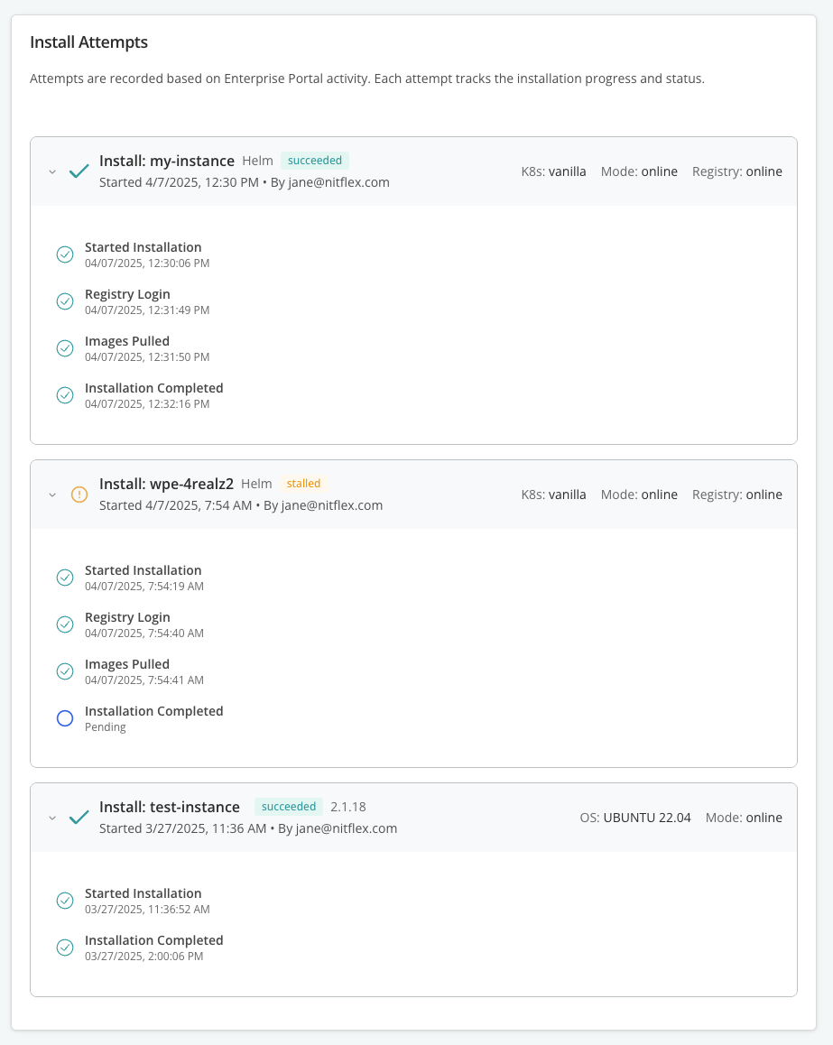 Install attempts section of customer reporting page